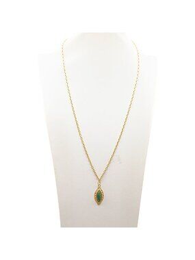 Vintage Gold Pendant Necklace With Green Marquise Stone & Filigree Design Long